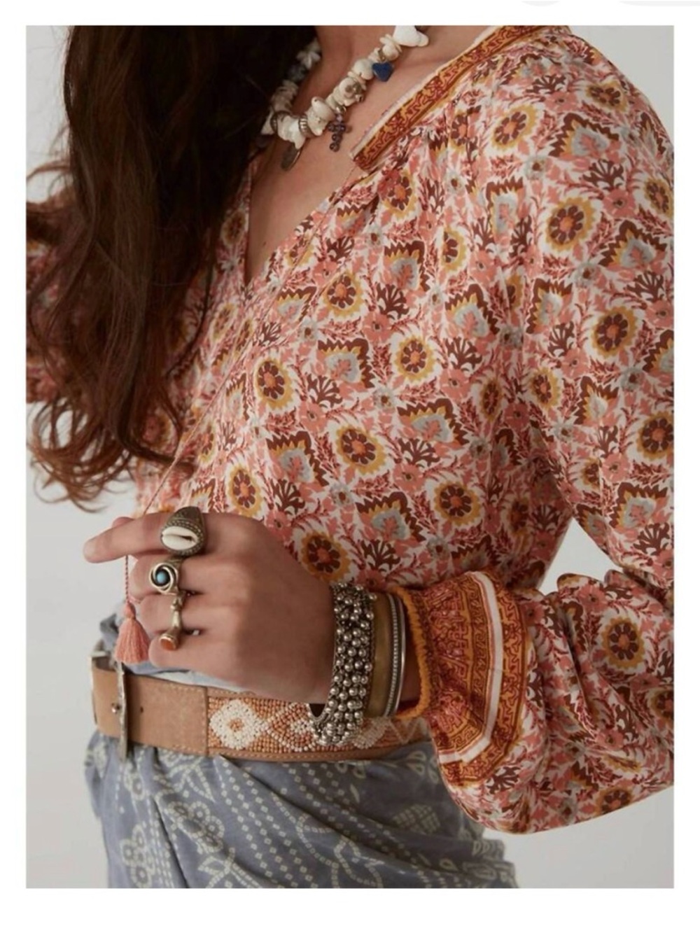 Madison Hotel Women's Coral French Floral Boho V-Neck Blouse - Picture 3 of 3